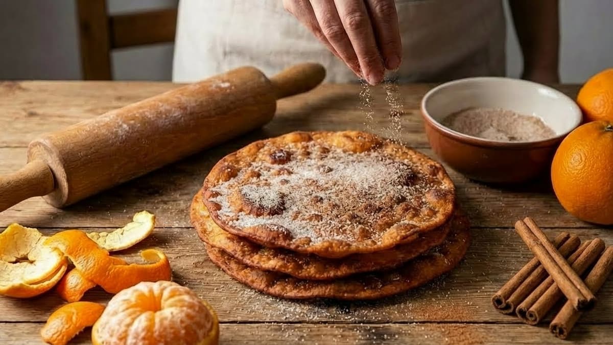 Pila de buñuelos grandes crujientes espolvoreados con azúcar y canela