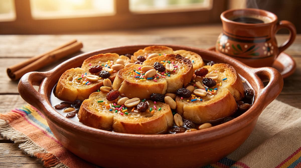 Capirotada oscura tradicional con miel de piloncillo y grageas