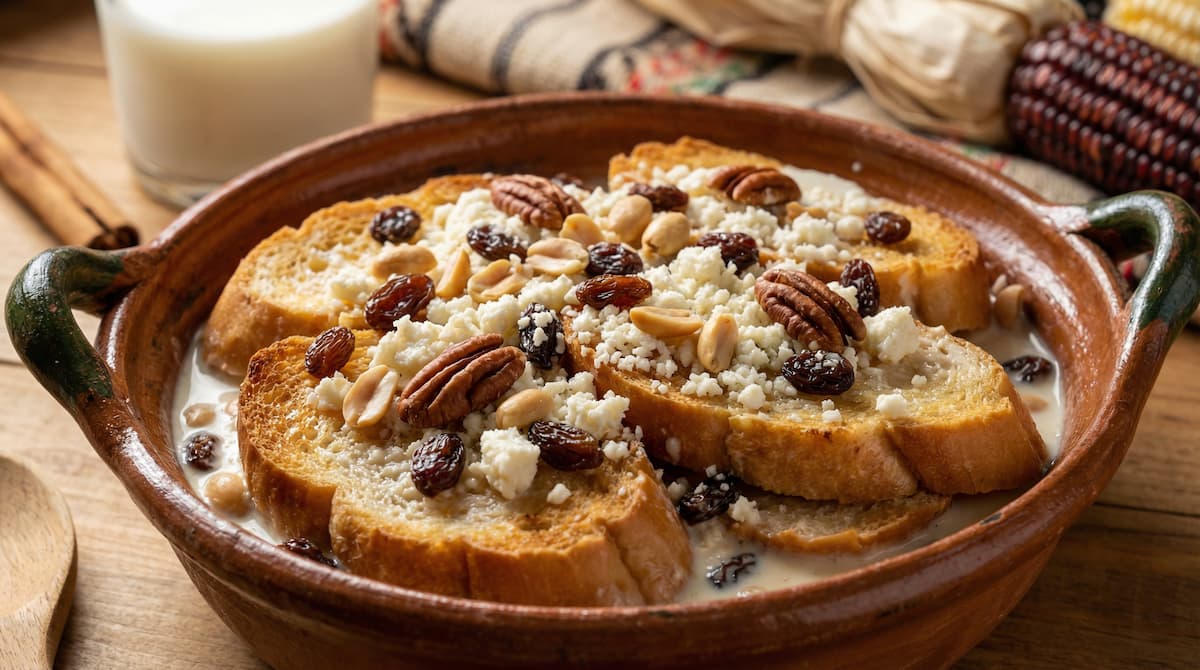 Capirotada blanca cremosa con leche