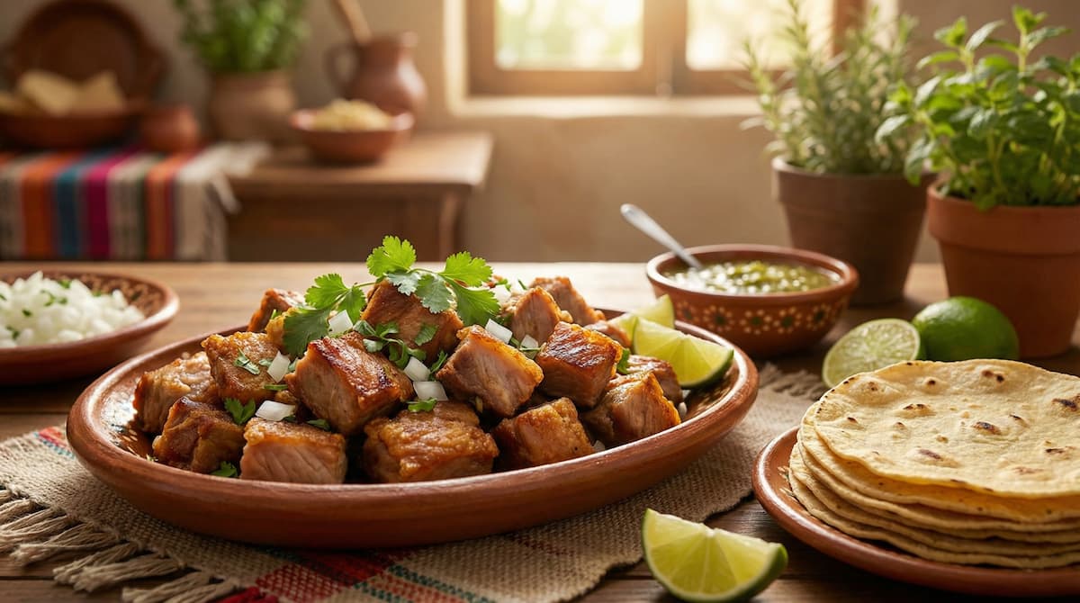 Carnitas de cerdo doraditas en un plato de barro con limones y salsa