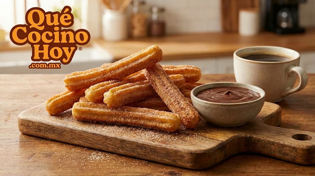 Churros dorados con azúcar y canela servidos con chocolate caliente