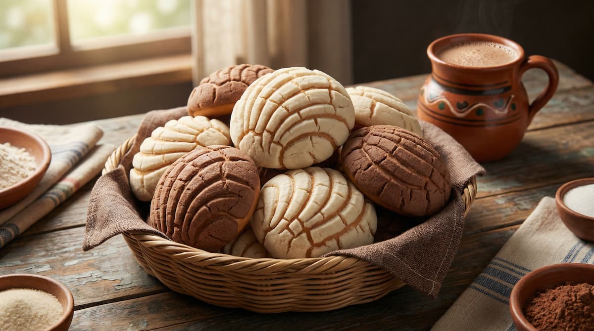 Charola de conchas mexicanas recién horneadas de vainilla y chocolate