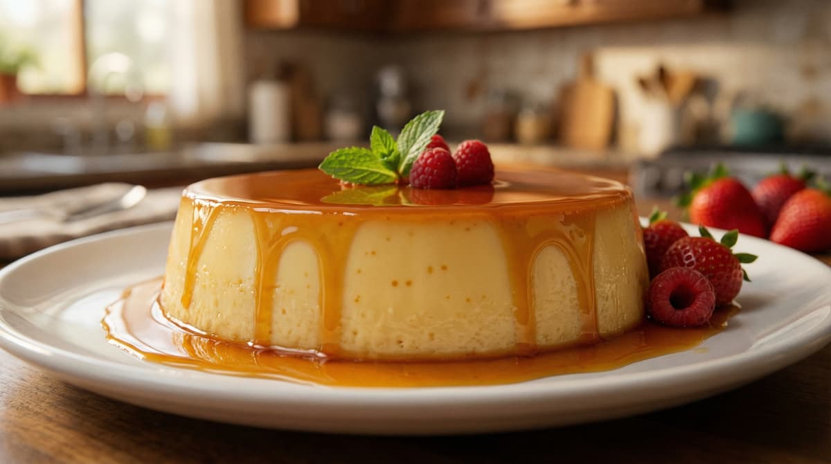 Rebanada de flan napolitano con mucho caramelo líquido