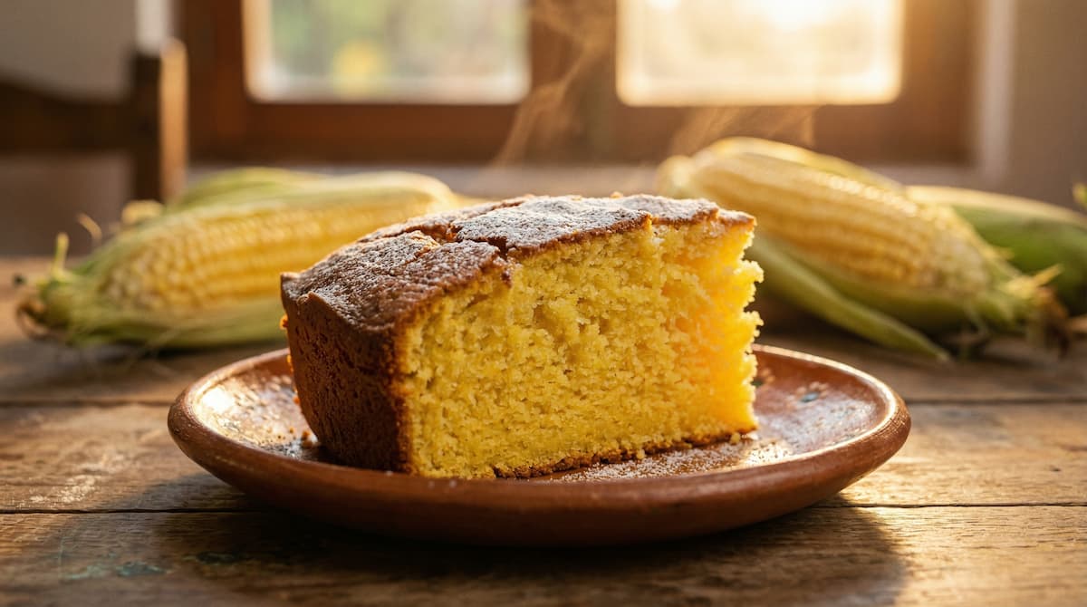 Rebanada de pan de elote húmedo y amarillo
