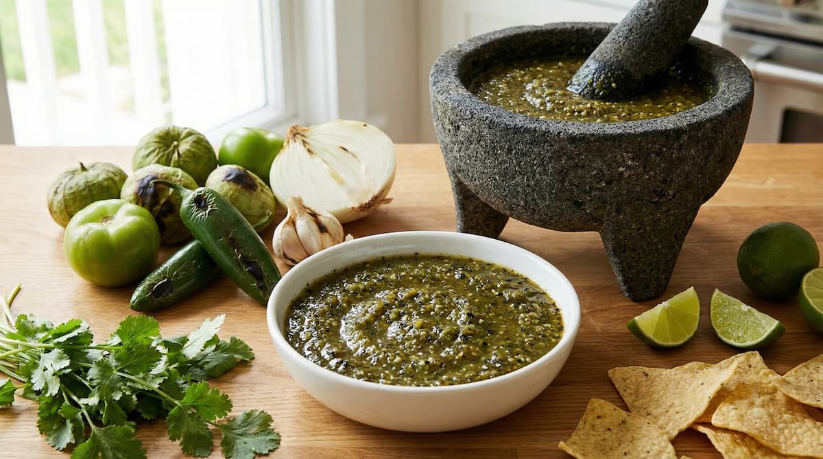 Salsa verde asada con totopos y cilantro